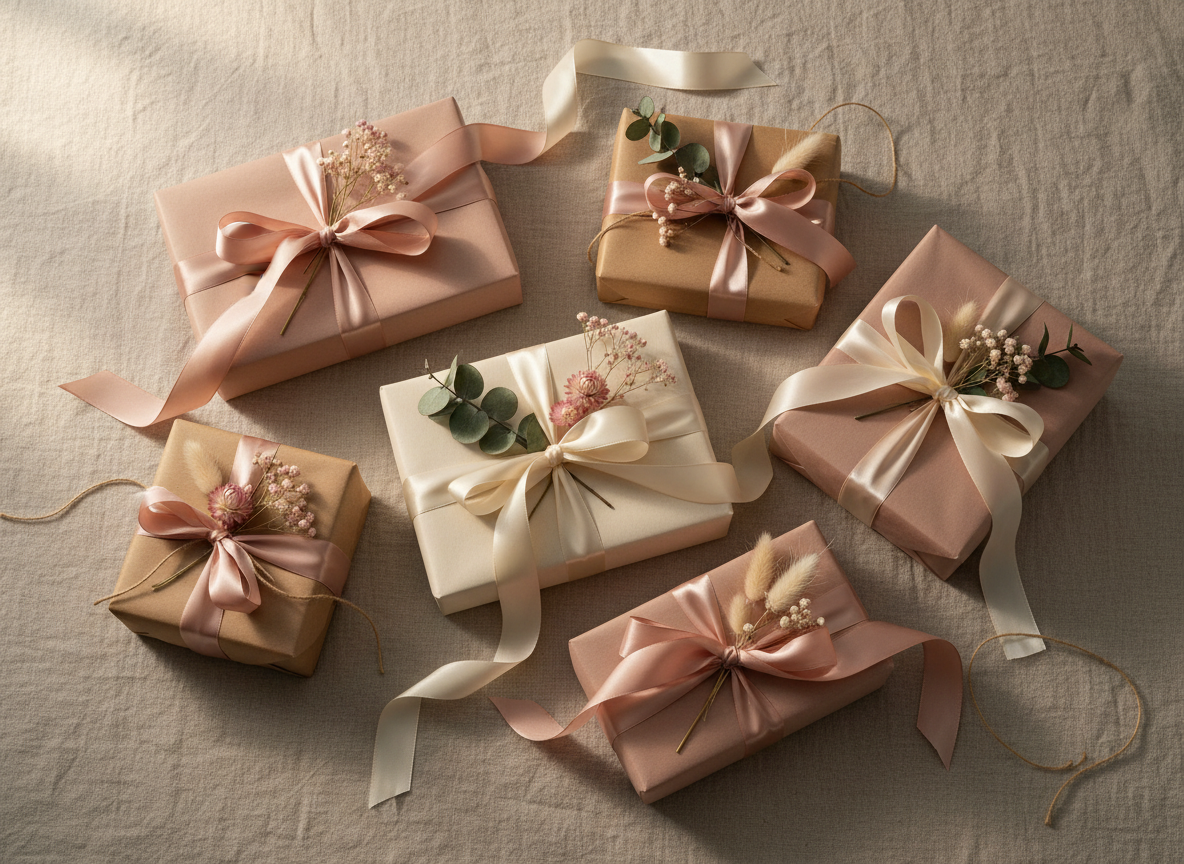 Beautifully wrapped gift boxes with ribbons and dried flowers