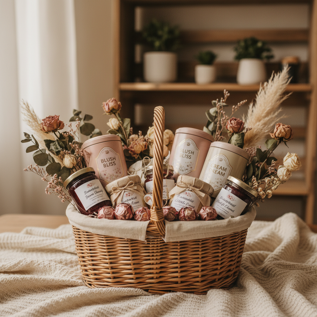 Curated artisan gift hamper with chocolates, jam, and dried flowers
