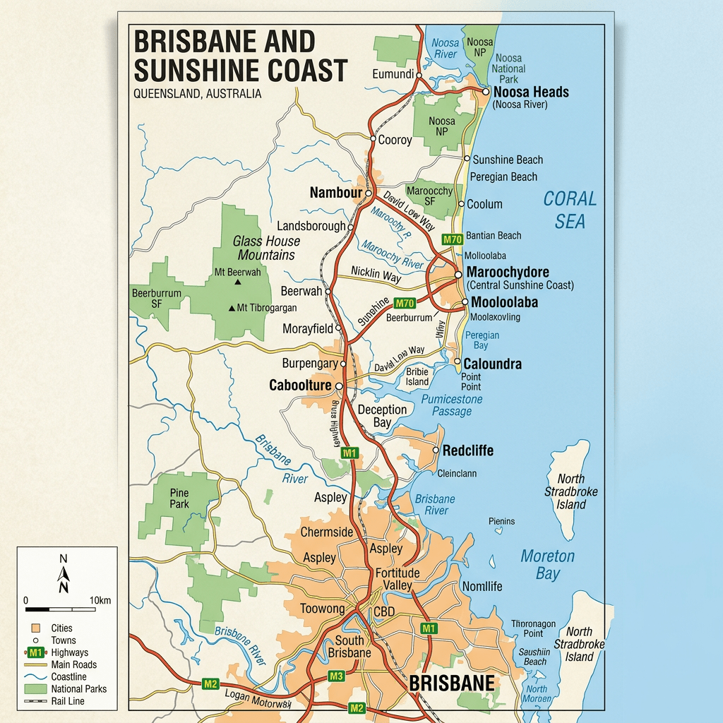 Map of Brisbane and Sunshine Coast showing cities, towns, highways, and national parks